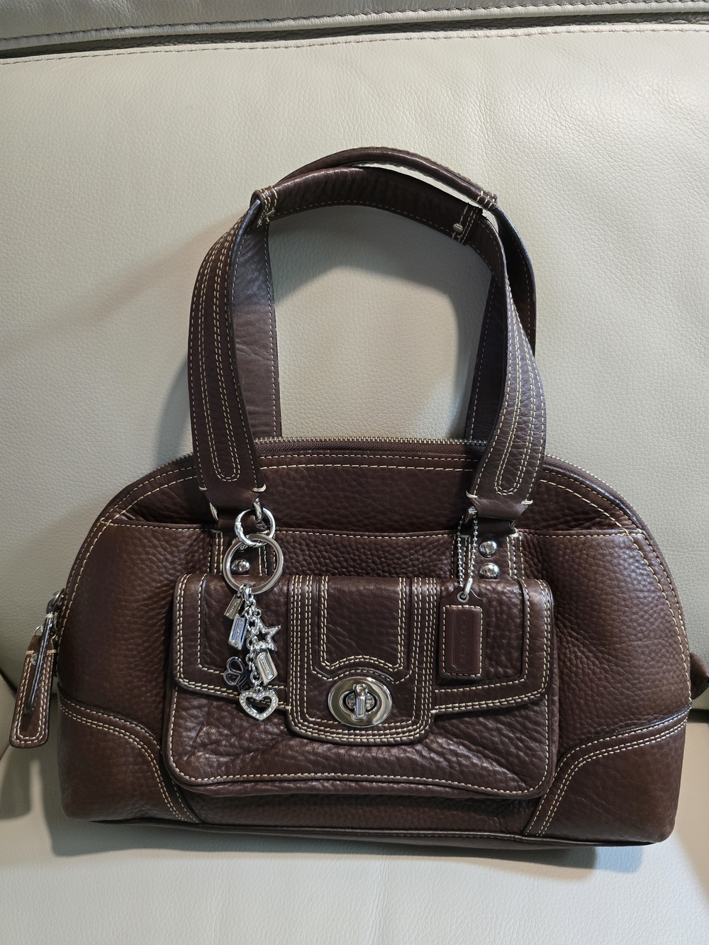 Coach EUC 3 Piece Brown Pebbled Leather Shoulder Bag with Coach Charm & Strap - Picture 3 of 10